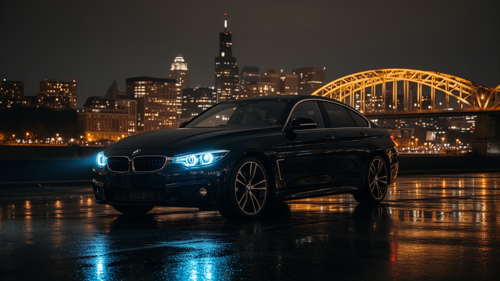 Black BMW 430i Gran Coupe at night with Pittsburgh skyline